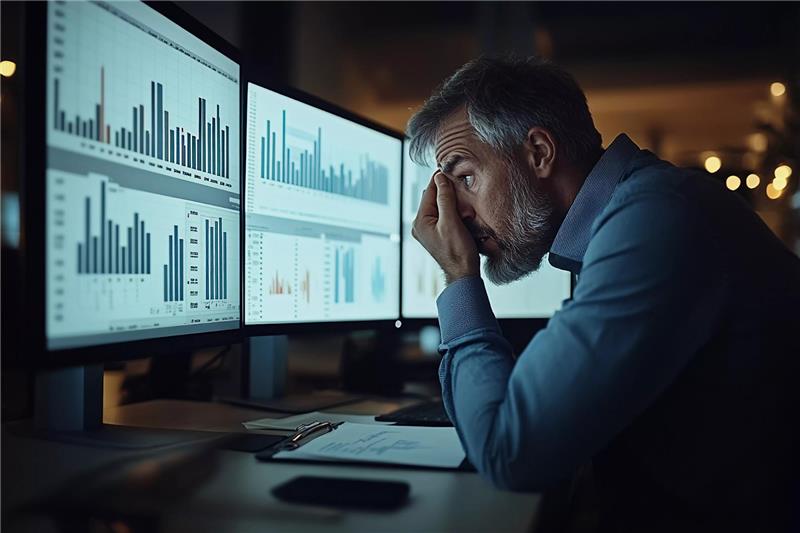 Man frustrated looking at data dashboard on screen - Smarter Power BI Dashboard Design Starts with UX