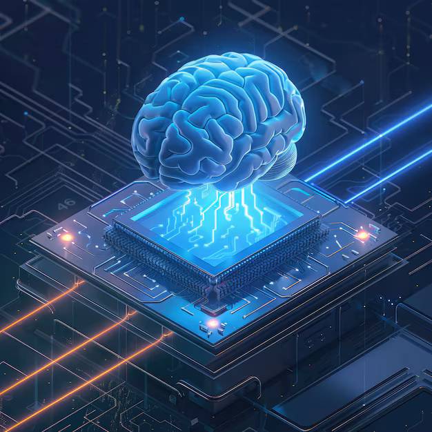 Artificial intelligence brain circuit - Artificial intelligence human brain connected to a circuit board ...