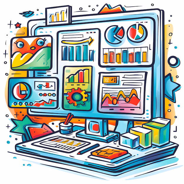 AI news analysis dashboard - 3d flat icon news dashboard analytics concept doodle line cartoon ...