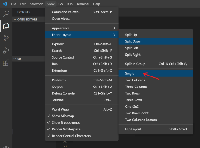 Visual Studio Code screen - visual studio code - How to undo split screen and show just ...