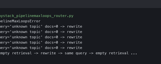 Haystack 2.6 PipelineMaxLoops: Router + JoinDocuments Deadlock on Empty Retrieval