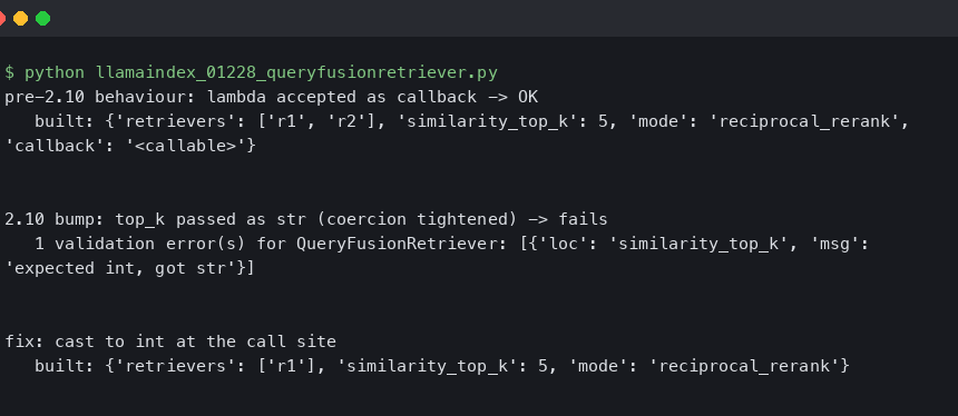 LlamaIndex 0.12.28 QueryFusionRetriever Throws ValidationError After Pydantic 2.10 Bump
