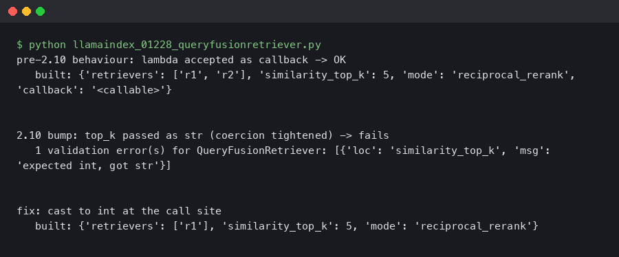 LlamaIndex 0.12.28 QueryFusionRetriever Throws ValidationError After Pydantic 2.10 Bump