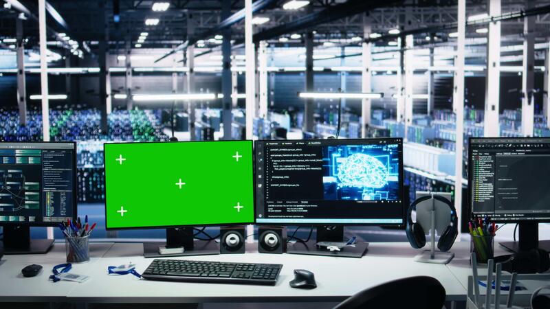 machine learning code on screen - Data center green screen computers showing neural network ...