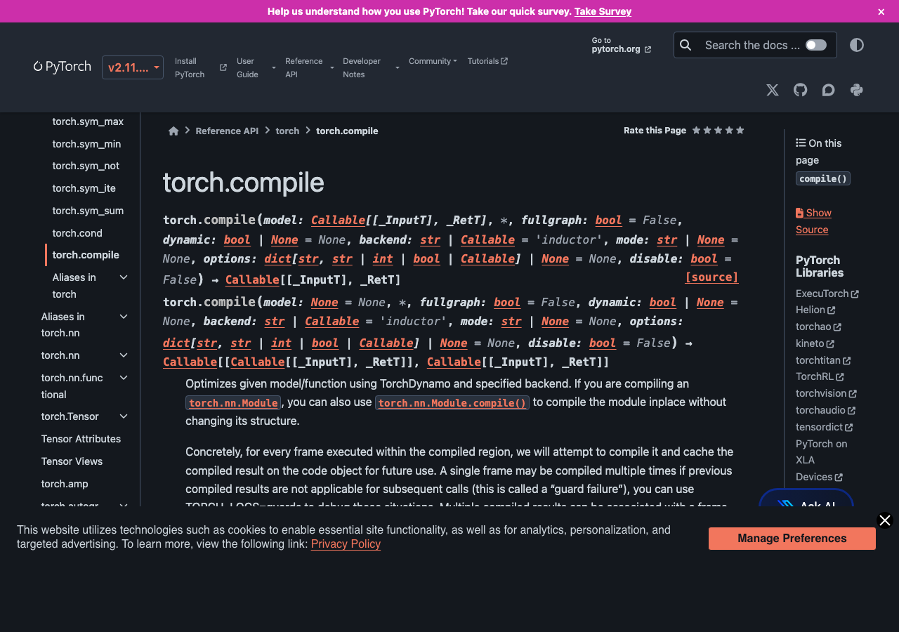 PyTorch documentation page for torch.compile
