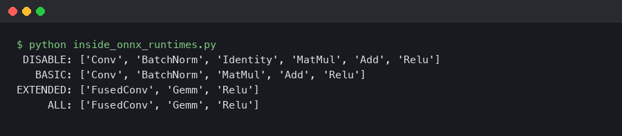 Terminal output for Inside ONNX Runtime's graph optimization levels: which fusions fire at Basic vs Extended vs All